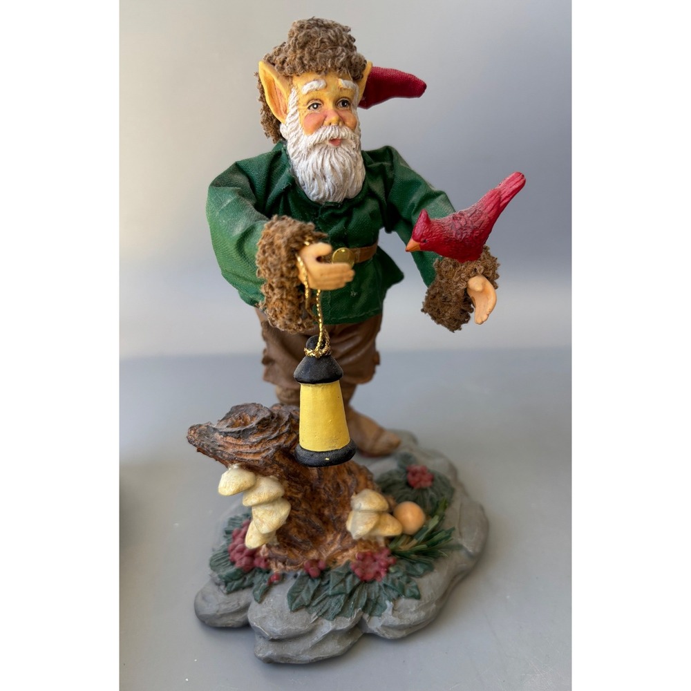 Vtg Woodland Elf Gnome Figurine Christmas Cardinal and Lantern 6.5 Inch 1995